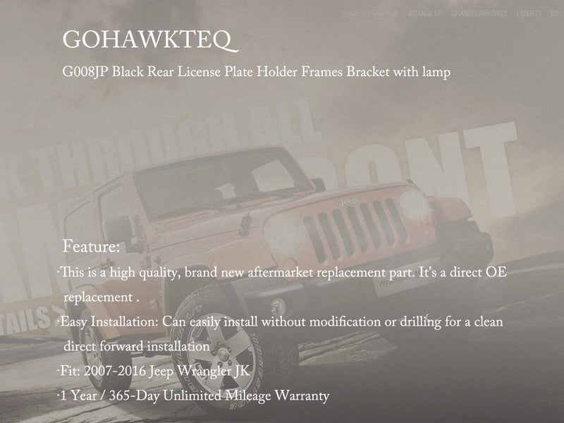 GOHAWKTEQ G008JP Black Rear License Plate Holder Frames Bracket with lamp for 2007-2016 Jeep Wrangler JK License Plates Mounting Bracket - Image 3